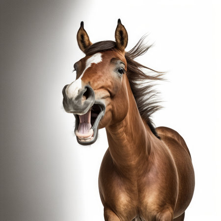 Portrait of a horse with open mouth on a white background.の素材