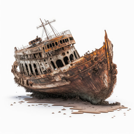 Old rusty ship on a white background. 3D illustration with clipping pathの素材