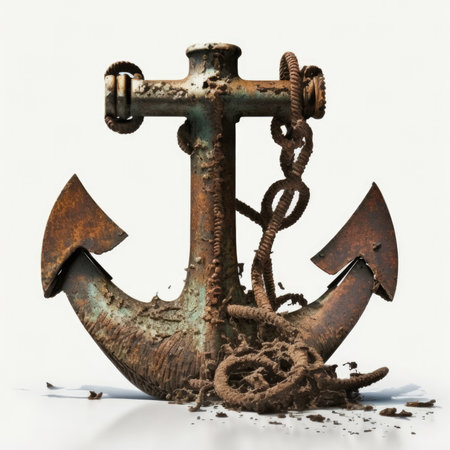 Old rusty anchor on a white background. 3d illustration. Copy space.の素材