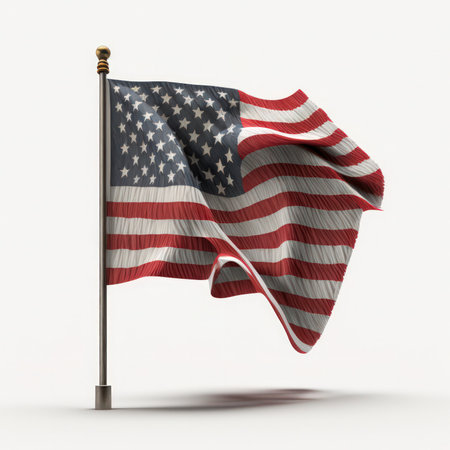3d rendering of American flag on a metal pole on white backgroundの素材