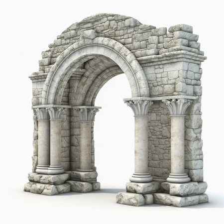Stone arch with columns on white background. 3D rendering illustration.の素材
