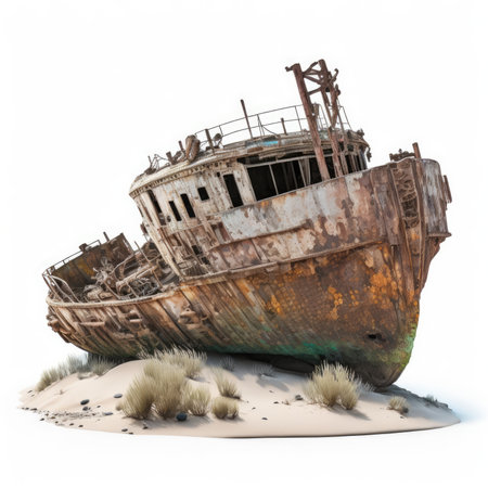 Abandoned ship on the beach. 3D rendering isolated on white backgroundの素材