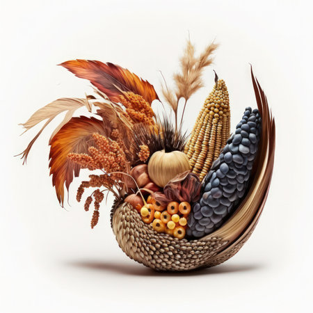 Basket with autumn leaves and corn isolated on white background. 3d illustrationの素材
