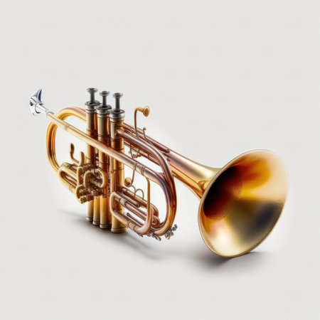 3d rendering of a golden trumpet on a white background with shadowの素材