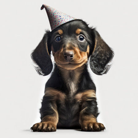 Cute Dachshund puppy with birthday hat sitting against white backgroundの素材
