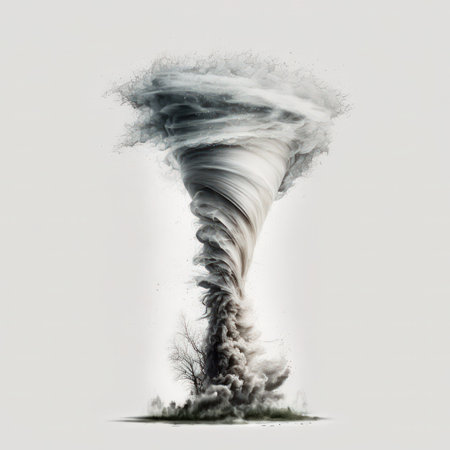 3D illustration of a tornado with smoke coming out of the groundの素材