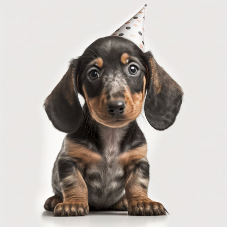 Cute Dachshund puppy with birthday hat sitting on white backgroundの素材