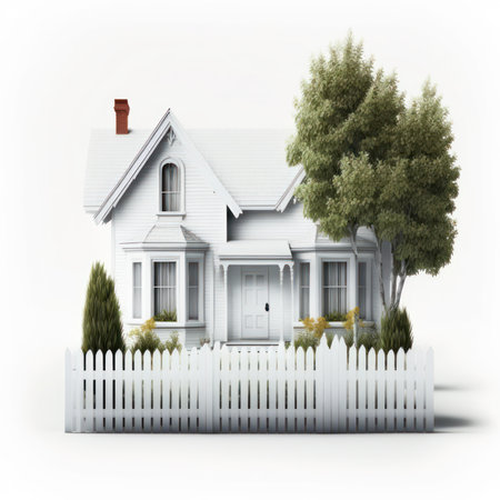 House with white picket fence and tree on a white background.の素材