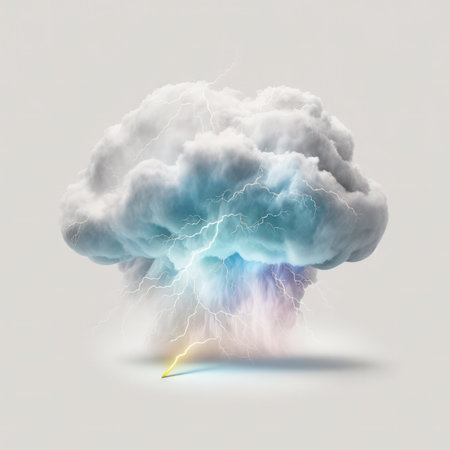 Cloud with lightning and thunderbolt isolated on white background. 3d illustrationの素材