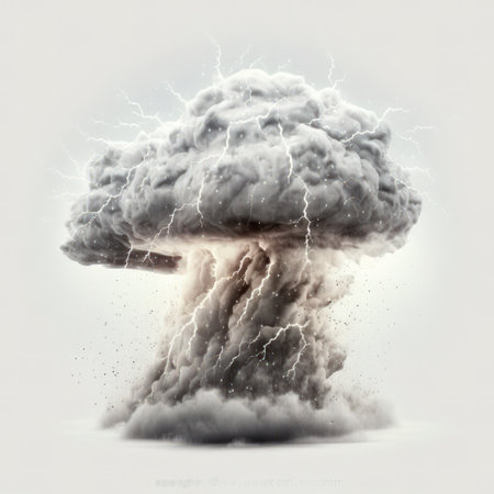 Image of nuclear explosion with lightning on white background. 3D renderingの素材