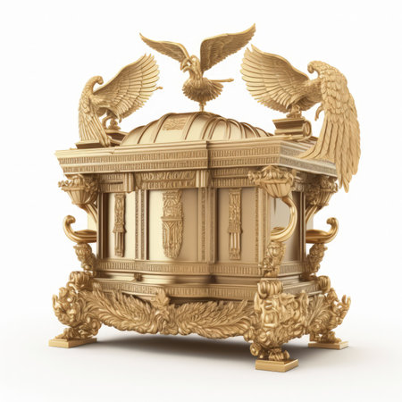 Antique golden chest with wings isolated on white background. 3d illustrationの素材