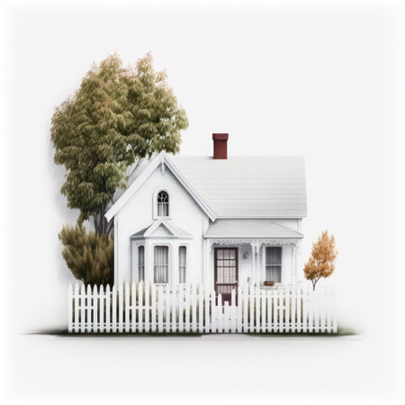 House with white picket fence and tree on a white background.の素材