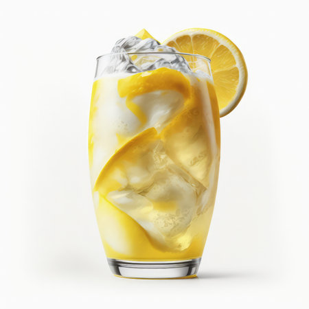 Cocktail with lemon and ice in a glass isolated on white backgroundの素材