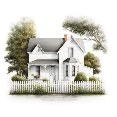 house with fence isolated on white background. 3d render illustration.の素材