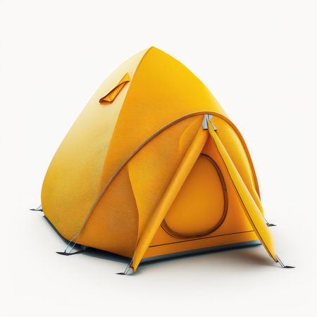 Yellow camping tent isolated on white background. 3d render illustration.の素材