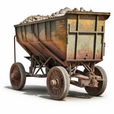3D rendering of an old coal wagon on white background with shadowの素材