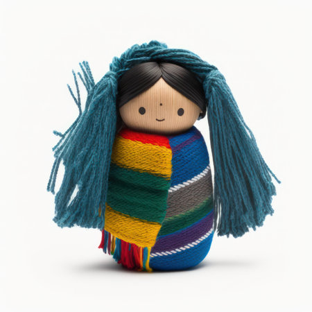 Cute handmade doll in a colorful scarf on a white background.の素材
