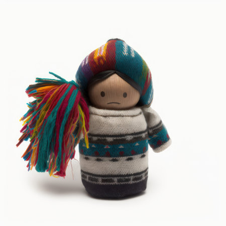 Handmade rag doll in a knitted hat and scarf on a white backgroundの素材