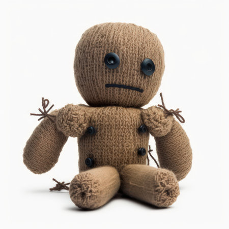 Handmade knitted doll on a white background, close-upの素材