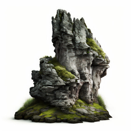 3D render of an island with grass and rocks isolated on white backgroundの素材