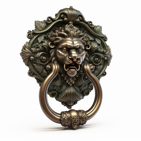 Bronze lion door knocker on a white background. 3d renderingの素材