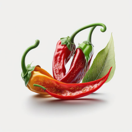 Hot chili peppers with leaves isolated on white background. 3d illustrationの素材