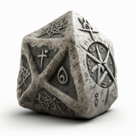 3d rendering of a stone cube with christian symbols on itの素材