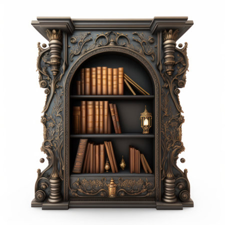 Bookshelf with books and lantern isolated on white background. 3d illustrationの素材
