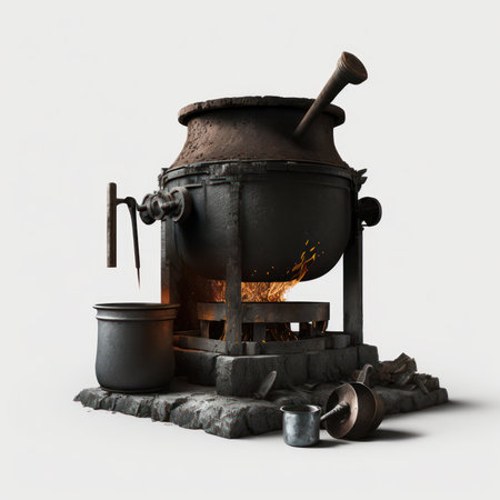 3d rendering of a cast iron stove with fire and pot on a white backgroundの素材