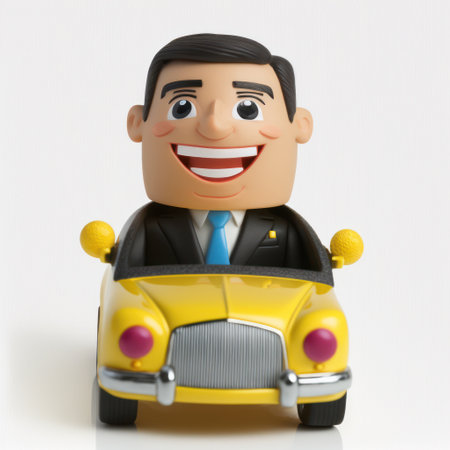 3d illustration of a cartoon character, businessman with a toy carの素材
