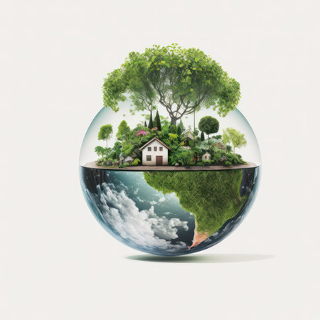 Ecology concept in the form of a globe with a house and trees.の素材
