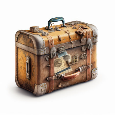 Vintage travel suitcase isolated on white background. 3D illustration.の素材