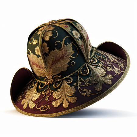 Women's hat with gold ornament on a white background. 3d illustrationの素材