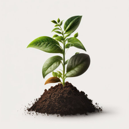 Young green plant in soil on white background. Ecology and environment conceptの素材