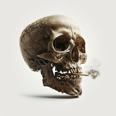 Skull smoking cigarette isolated on white background. 3d illustration.の素材