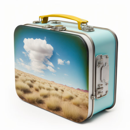 Suitcase with sky on a white background. 3d rendering.の素材