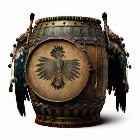 Native american indian drum with feathers on white background. 3d illustrationの素材