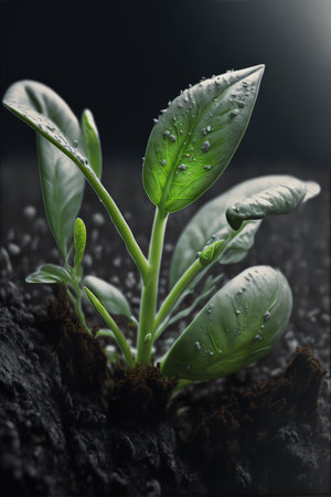 Green seedling with water drops on black background, close-upの素材