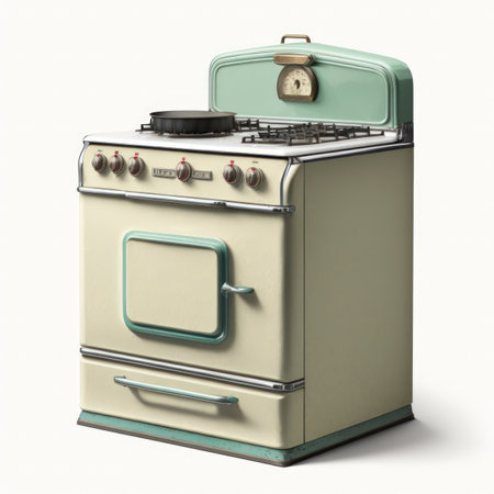 3d rendering of an old gas stove on white background with shadowの素材