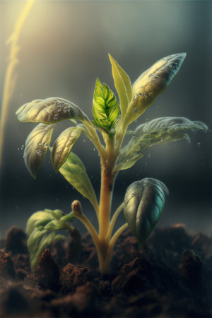 Green seedling illustrating concept of new life in early stage of lifeの素材