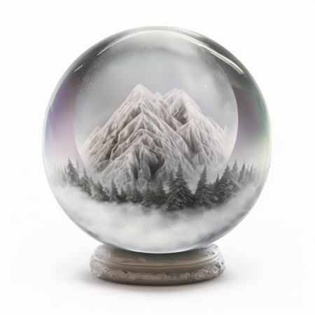 Crystal ball with snow and pine trees isolated on white background. 3d renderの素材