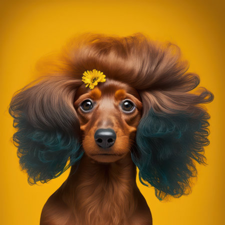 Dachshund dog with long blue hair and yellow flower in her hairの素材