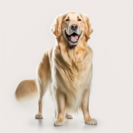 Studio shot of a beautiful golden retriever standing against white background.の素材