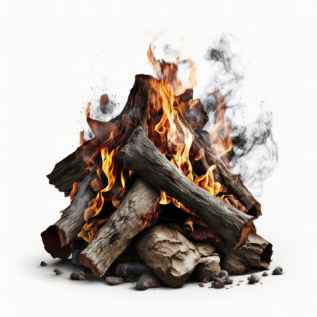 Burning campfire isolated on white background. 3d illustration.の素材