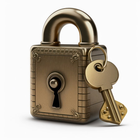 Golden padlock with keys isolated on white background. 3d illustrationの素材