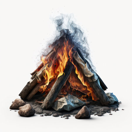 Fire in a campfire on a white background. 3d renderingの素材