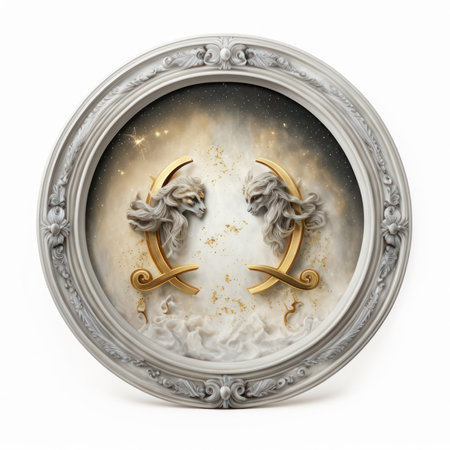 Luxury vintage frame with golden horseshoe on a white backgroundの素材