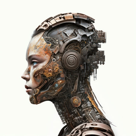Cyborg head with gears and cogwheels. 3D renderingの素材