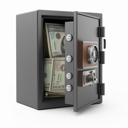 Money in a safe on a white background. 3d rendering.の素材