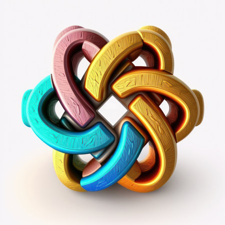 3d illustration of colorful torus knot over white background with shadowの素材